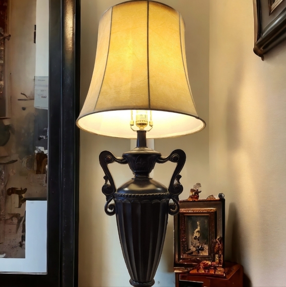 Table Lamp Vintage Neoclassical Urn Style Black Base Ivory Shade 35" Tall - Picture 1 of 8